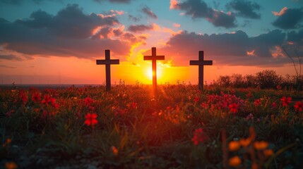   A pair of crosses in a flower-filled field at sunset, with the sun sinking behind them - obrazy, fototapety, plakaty