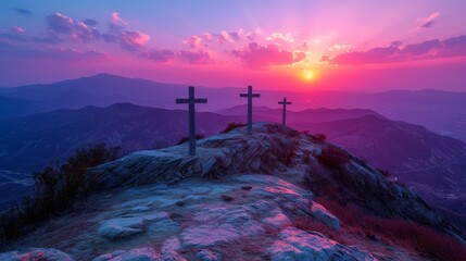   Three crosses atop a mountain against a backdrop of sunset Pink and purple hues tint the sky - obrazy, fototapety, plakaty