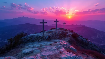 Rolgordijnen   Three crosses atop a mountain against a backdrop of sunset Pink and purple hues tint the sky © Wall
