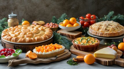   A table laden with pies, oranges, and various fruits and vegetables arranged next to one another