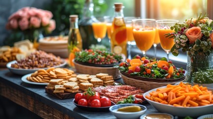   A table laden with plates of food and glasses of orange juice, adjacent to bottles of orange juice