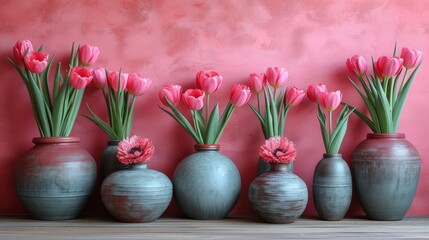   A wooden table holds a collection of pink-flowered vases against a pink wall background