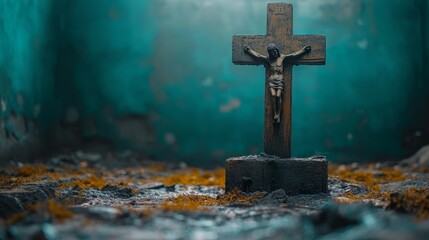   A crucifix stands solo in the room, surrounded by moss-covered floor and dirtied ground