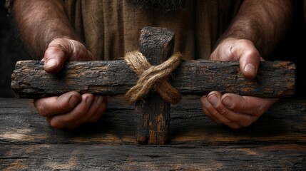   A tight shot of an individual grasping a wooden cross with a central crease, secured by a lengthy rope - obrazy, fototapety, plakaty