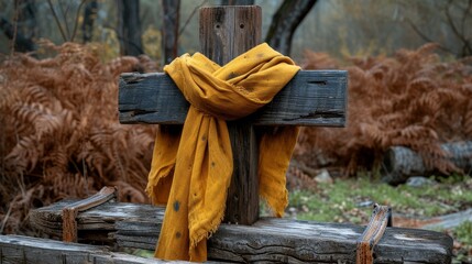   A cross with a yellow scarf, draped over it, stands out against a backdrop of dead grass and leafless tree trunks