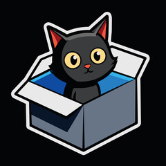 Cute cat in a box. Colorful kitten in gift box. Cat sticker on black background. Surprise in cardboard box. Cartoon sticker pet emoji. Cartoon logo icon badge, design Vector illustration.
