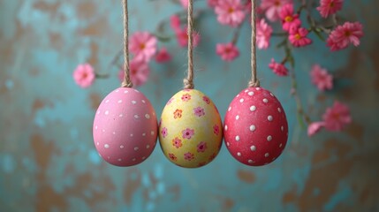   Three Easter eggs suspended from a string against a backdrop of a blue and pink wall adorned with pink blooms