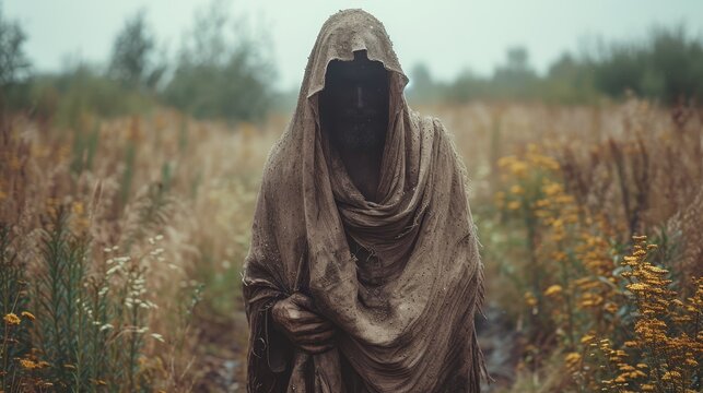   A figure in a hooded cloak stands amidst a field of tall grass, concealing their face beneath a blanketed shawl