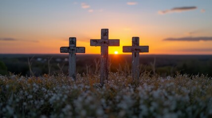  a sun sinking behind, flowers in foreground - obrazy, fototapety, plakaty