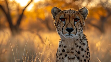   A tight shot of a Cheetah's expressive face amidst a lush expanse of grass and trees in the backdrop