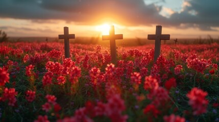  sun sets behind, foreground - red flowers - obrazy, fototapety, plakaty