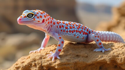   A red-and-white spotted gecko perches atop a solitary rock, before a vast rock outcropping - obrazy, fototapety, plakaty
