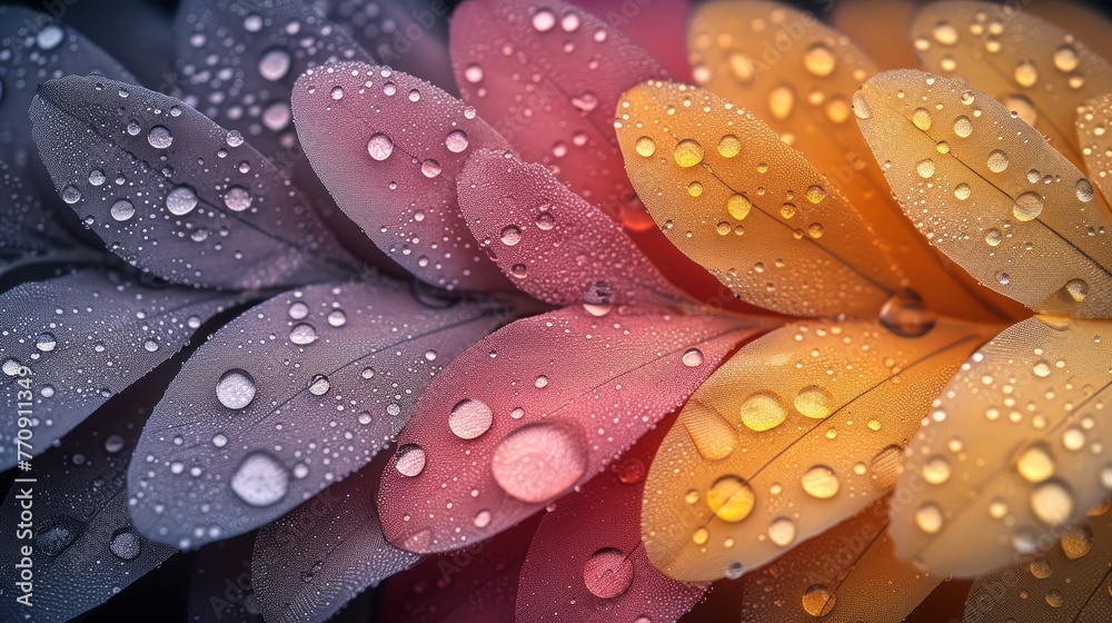 Poster close-up of a flower with dewdrops on pink, yellow, and purple petals