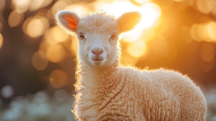 Obraz premium A tight shot of a sheep grazing in a lush grass field Sunlight filters through the tree tops in the backdrop