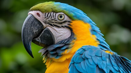 Obraz premium A tight shot of a blue-and-yellow parrot with green foliage framing its head