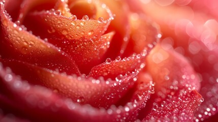   A tight shot of a rose with dew drops on its petals and a halo of light in the backdrop