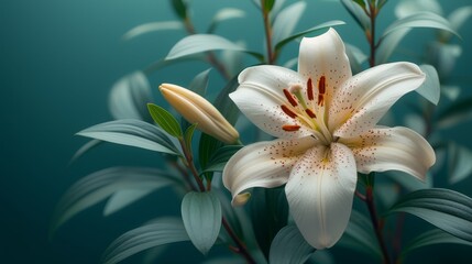   A white flower with outstretched petals against a dark green backdrop Green leaves frame the foreground Behind, a blue sky unfolds
