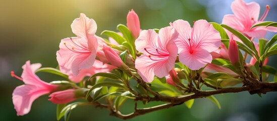 Obraz premium A closeup shot showcasing a cluster of vibrant magenta flowers on a tree branch, capturing the beauty of natures own artwork in full bloom