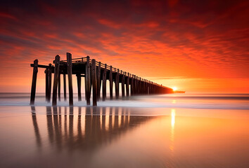 The sea and an old pier at the sunrise