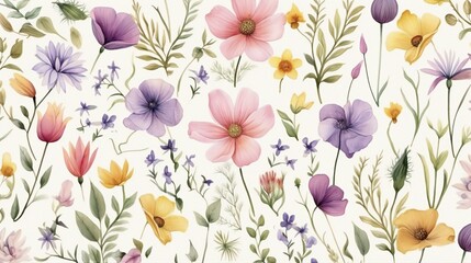 Fototapeta na wymiar seamless pattern with different kinds of watercolor elements