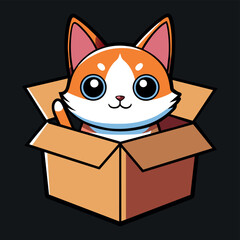 Cute cat in a box. Colorful kitten in gift box. Cat sticker on black background. Surprise in cardboard box. Cartoon sticker pet emoji. Cartoon logo icon badge, design Vector illustration.
