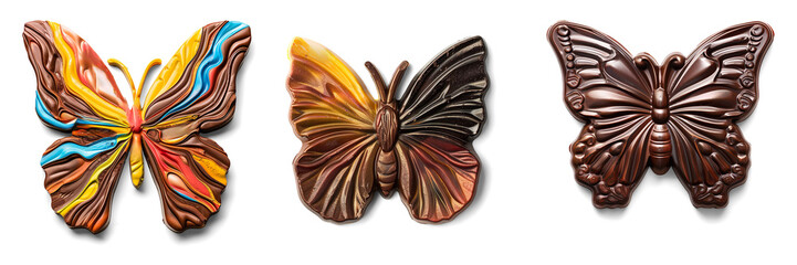 Colorful milk chocolate butterfly shape isolated on a transparent background 