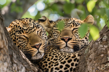 Two leopards are sleeping in a tree