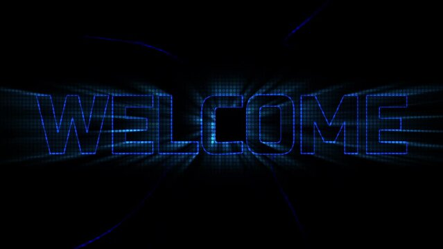 Dark blue Welcome text, ray lighting neon flashy sign glitch banner on black background. Welcome title greeting motion graphic invitation advertisement perfect for an opening something animation	

