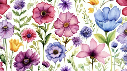 seamless pattern with different kinds of watercolor elements - obrazy, fototapety, plakaty