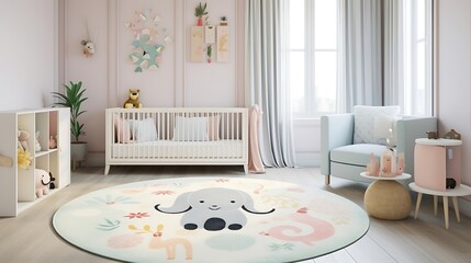 an AI-crafted nursery rug with a fusion of pastel pink and mint green, featuring adorable baby animals and soft geometric patterns to enhance the aesthetic of a gender-neutral nursery