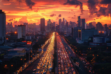 A busy city street with a beautiful sunset in the background
