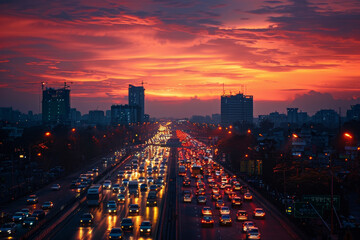 A busy highway with cars and a beautiful sunset in the background