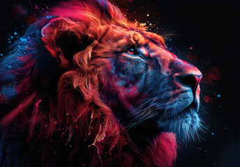 Lion in the style of hyperrealistic animal illustrations, colorful neon lights, black background. Created with Ai