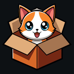 Cute cat in a box. Colorful kitten in gift box. Cat sticker on black background. Surprise in cardboard box. Cartoon sticker pet emoji. Cartoon logo icon badge, design Vector illustration.

