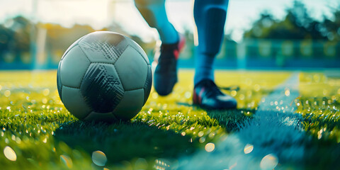 soccer player running for the foot ball at soccer field, closeup on ball, sport background, banner, template, copy space area, world cup - obrazy, fototapety, plakaty