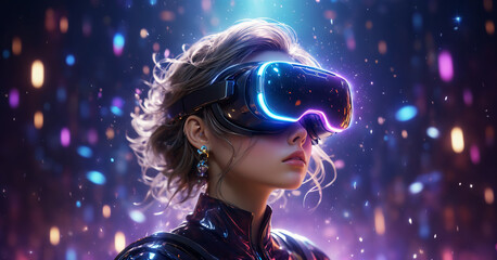 A young woman wearing a neon glowing virtual reality headset. AI generated