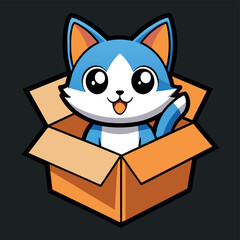 Cute cat in a box. Colorful kitten in gift box. Cat sticker on black background. Surprise in cardboard box. Cartoon sticker pet emoji. Cartoon logo icon badge, design Vector illustration.
