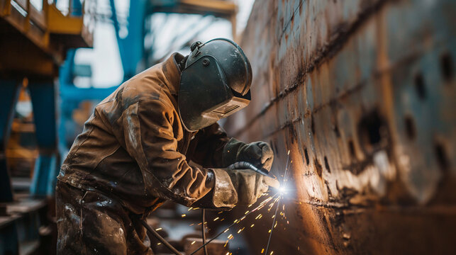 Trabajador soldando en un astillero