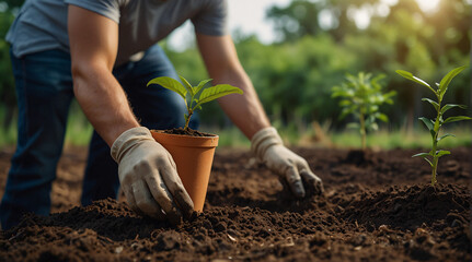 Person planting trees or working in community garden promoting local food production and habitat restoration, concept of Sustainability and Community Engagement, created with Generative AI technology