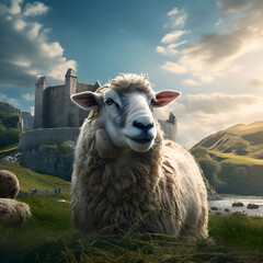 Sheep in front of castle at sunset - obrazy, fototapety, plakaty
