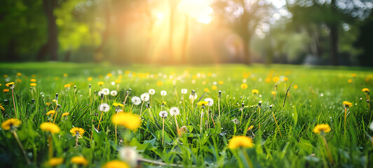 Beautiful spring natural background. Landscape with young lush green grass with blooming dandelions against the background of trees in the garden