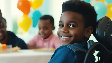 Portrait of a cute African American disabled boy sitting in a wheelchair at a birthday party. Boy in a wheelchair at a birthday party, - obrazy, fototapety, plakaty