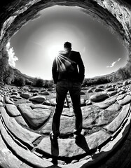 Prehistoric Encounter: A Modern Man's Journey Through Time | This striking black and white photograph captures a modern man standing in a prehistoric-looking setting, surrounded by rugged rocks a - obrazy, fototapety, plakaty