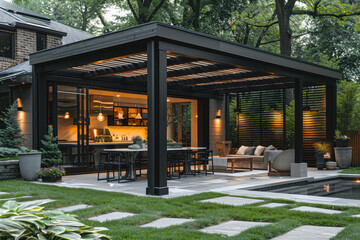 A modern, black steel and glass pergola with an open air kitchen inside is located in the backyard of a large mansion home. The gazebo has a dining table surrounded by comfortable outdoor seating. 