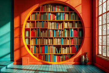 Orange background stage in a library with round shelves filled with colorful books.

