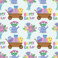 Seamless pattern with a cart with eggs, flowers, a bouquet of flowers, a watering can with flowers. Vector illustration for Easter.