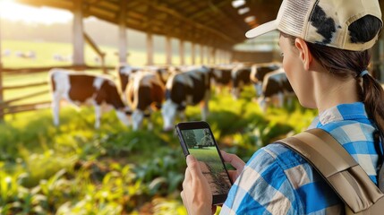 On a cow farm, female farmer effectively manages processes while holding a tablet. Calculation and analysis of milk yield and livestock growth. Tablet empowers modern farmers.