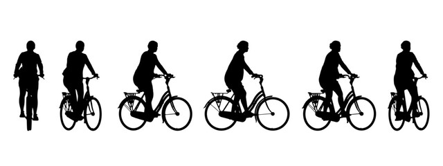 Vector concept conceptual black silhouette of a woman riding a bicycle from different perspectives isolated on white background. A metaphor for active, health, transport, leisure and lifestyle