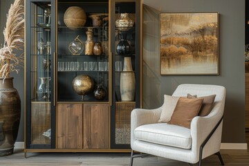An interior design scene showcasing the combination of dark brown and brass, featuring an armchair with soft cushions in front of a wooden shelf on one side and an open glass cabinet on another
