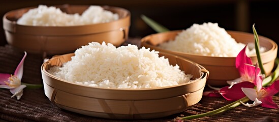Three bowls of jasmine rice are placed on a wooden table, ready to be enjoyed. Rice is a staple...